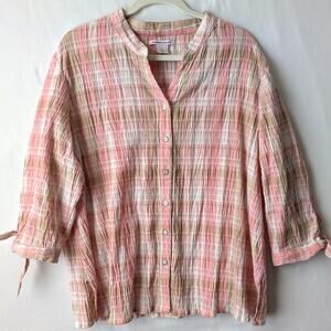 Allison Daley Blouse Womens Large Pink Plaid Crinkle Button-Up 3/4 Tie‎ Sleeves